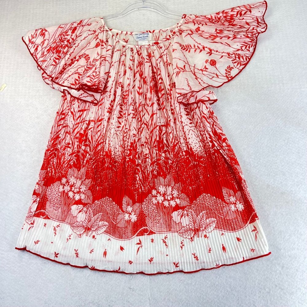 Vintage SUNNY SOUTH Womens 14 Red White Floral Flutter Sleeve Hawaiian Blouse